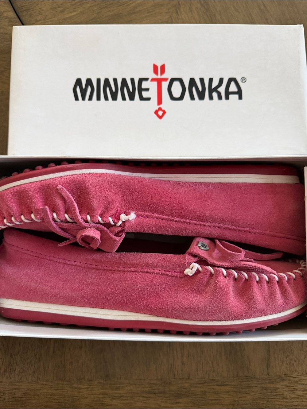 Minnetonka Pink Suede Moccasins with Yellow Insole - Picture 8 of 8